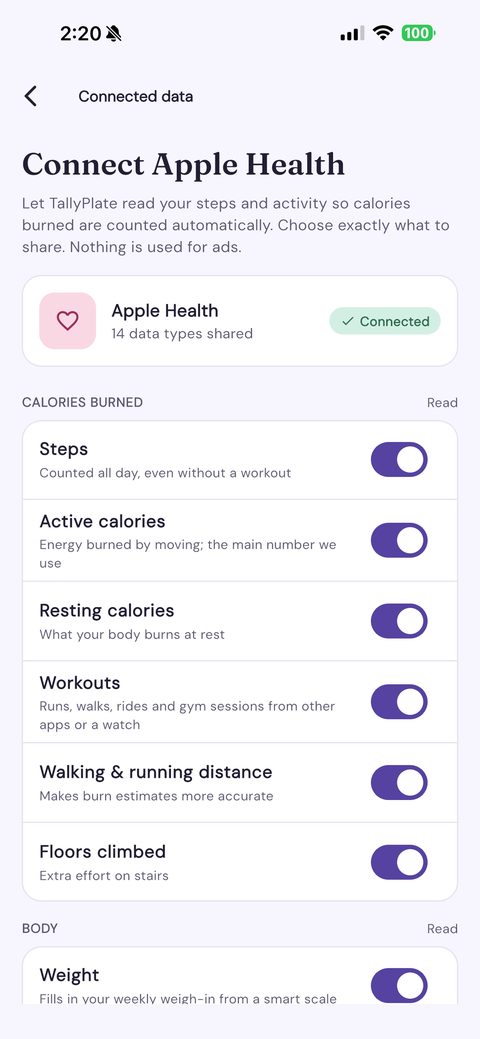 Connect Apple Health screen with switches for steps, active calories, workouts, distance and weight