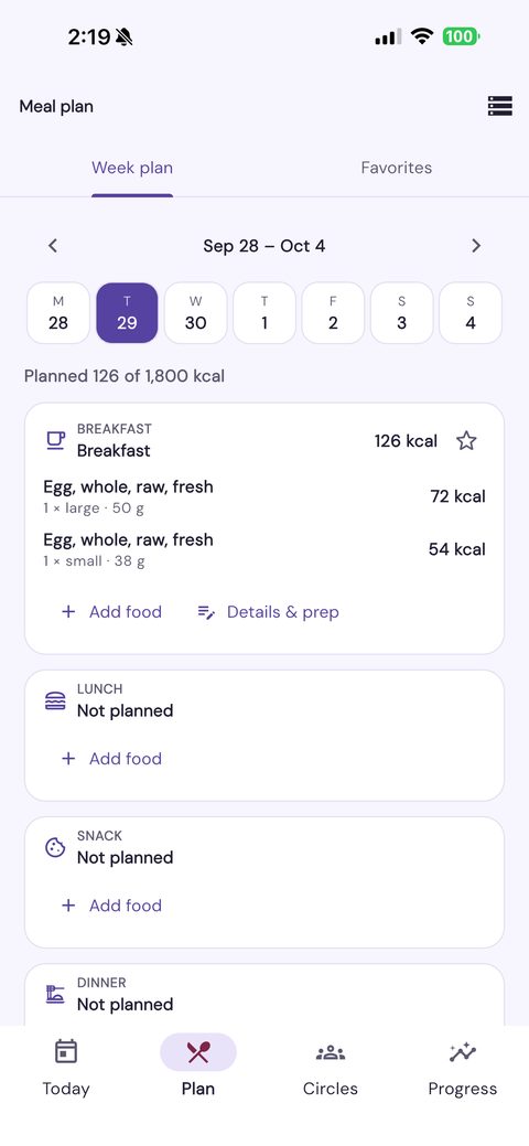 Meal plan screen: a week of days with breakfast planned and lunch, snack and dinner still to add